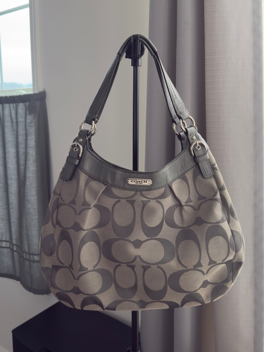 Coach Gray Signature Canvas Hobo with Leather Trim